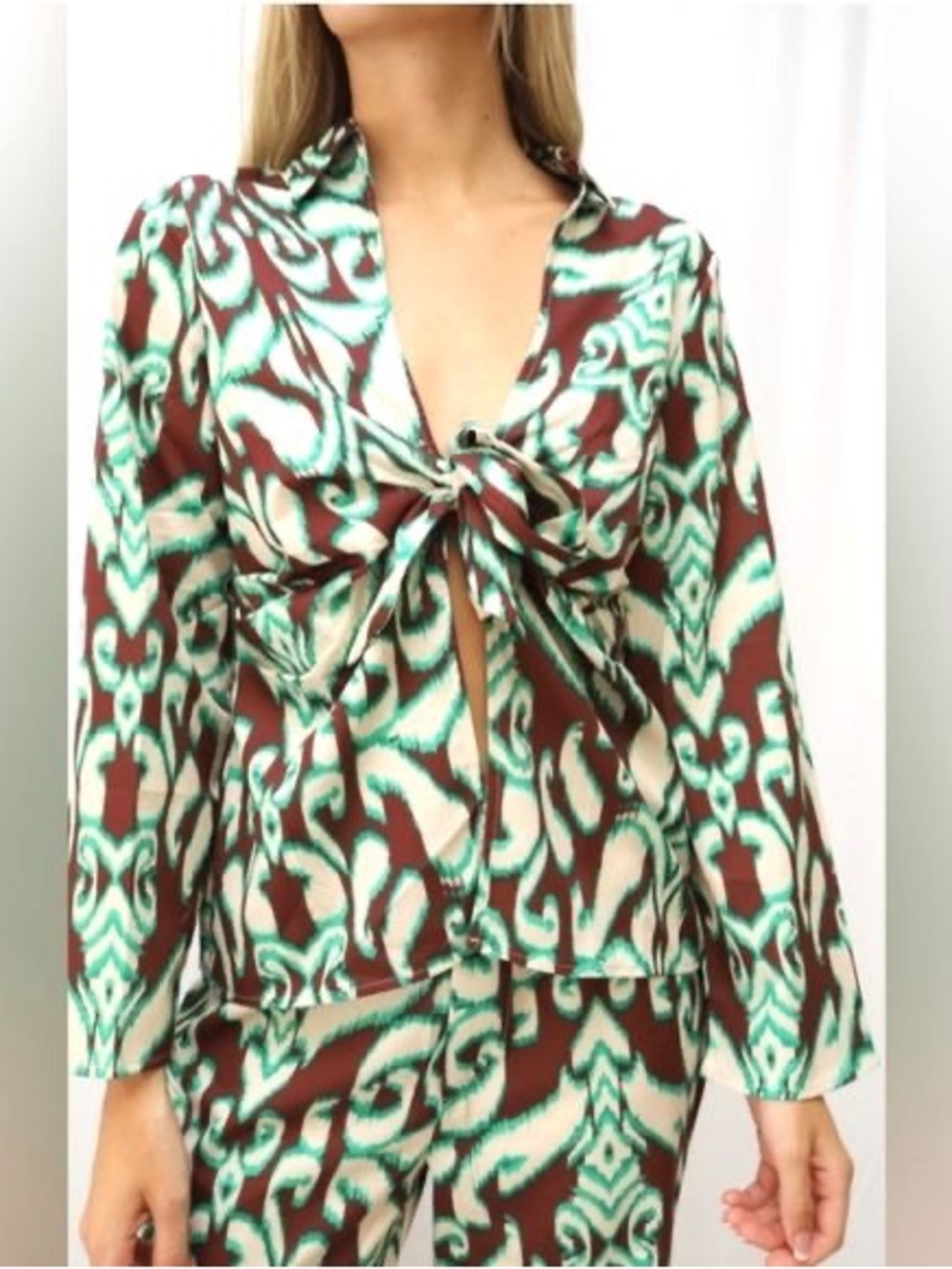 Zara Brown & Mint Patterned Tie-Front Blouse